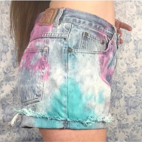 Vintage Jean Shorts Tie Dye Bleach Vapor Wave High Waisted Mom Rise 32” 90s Pink - Picture 3 of 8